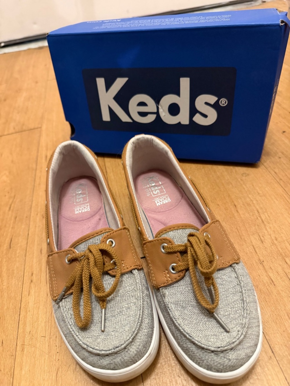 Keds Gray Canvas & Tan Lace-Up Boat Shoes